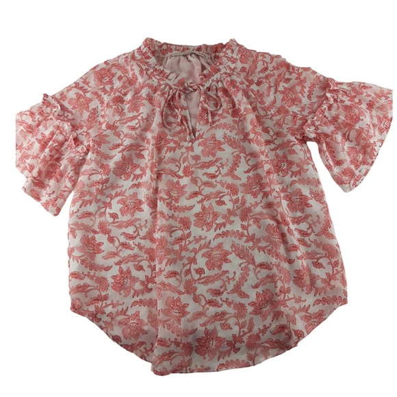 Loft Womens Pink White Floral Short Flutter Sleeve Blouse Lined Ruffle XS - Picture 1 of 9